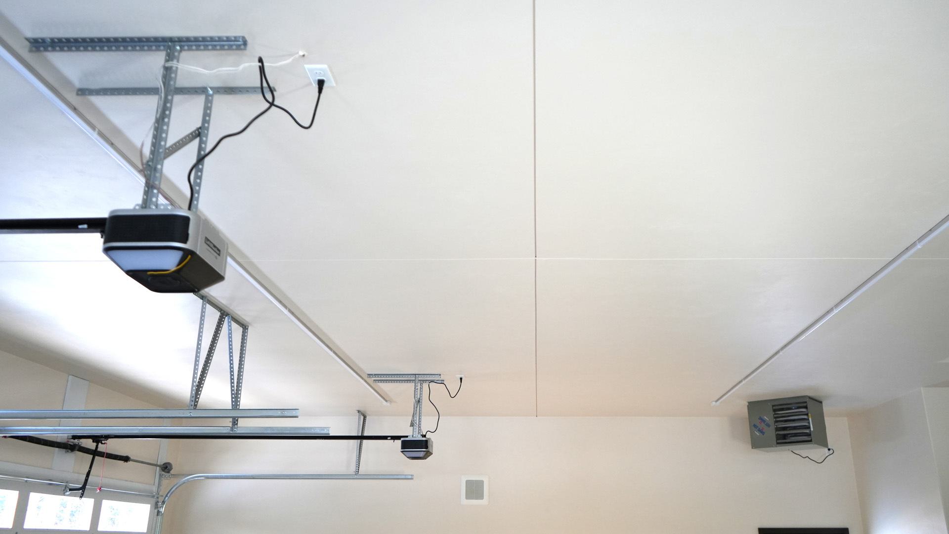 Drywall on a garage ceiling is pictured.